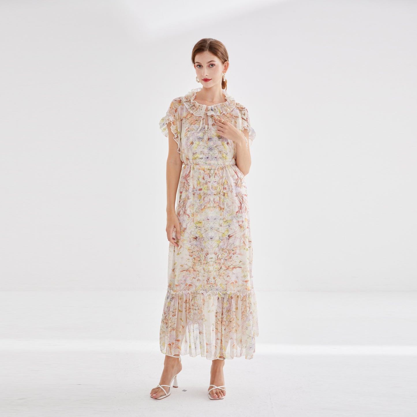 Elegant Two Piece Short Sleeve Floral Lace Up Dress