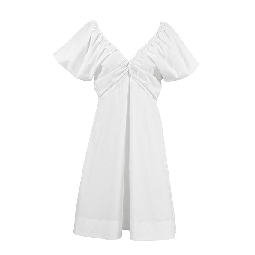 White French Cotton Linen Puff Sleeve V neck Lace up Dress Summer