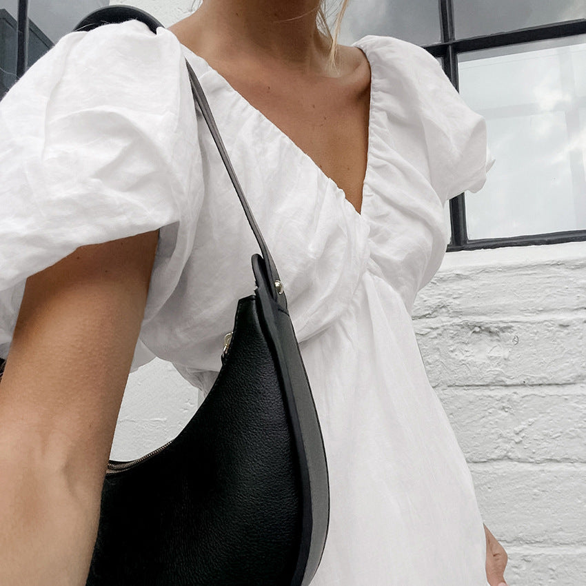 White French Cotton Linen Puff Sleeve V neck Lace up Dress Summer
