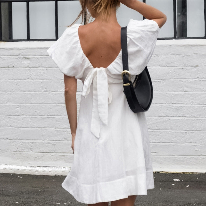 White French Cotton Linen Puff Sleeve V neck Lace up Dress Summer