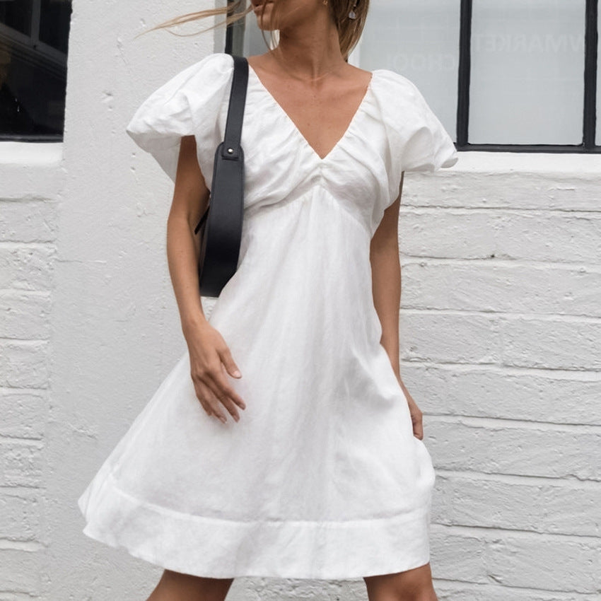 White French Cotton Linen Puff Sleeve V neck Lace up Dress Summer