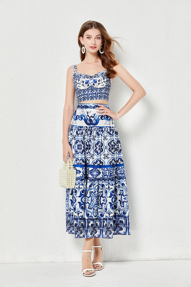 Summer Blue and White Porcelain Print Top Skirt Set