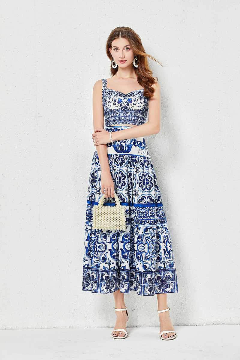 Summer Blue and White Porcelain Print Top Skirt Set
