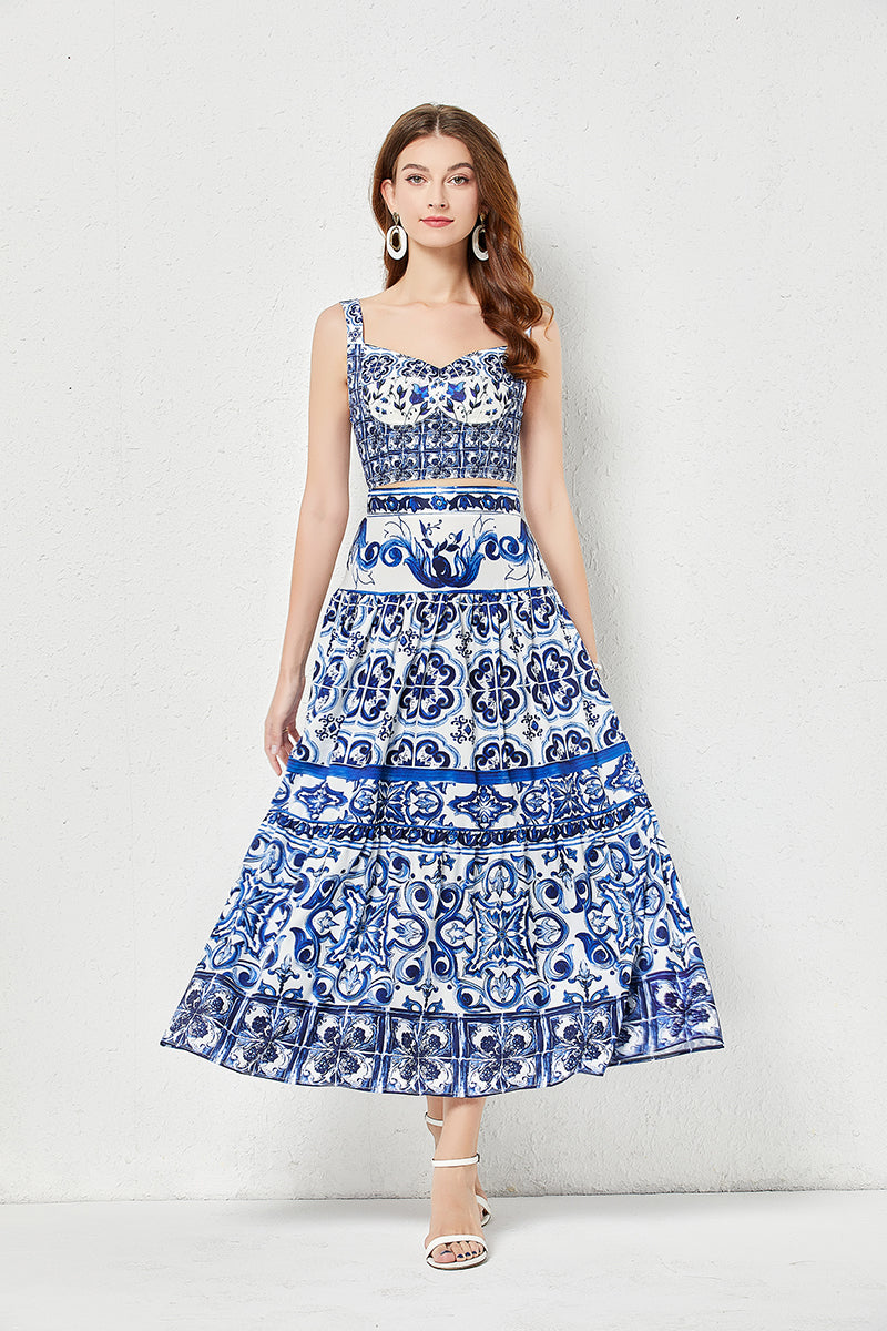 Summer Blue and White Porcelain Print Top Skirt Set