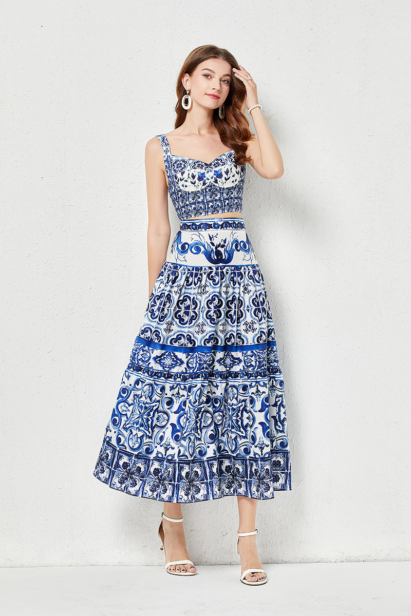 Summer Blue and White Porcelain Print Top Skirt Set