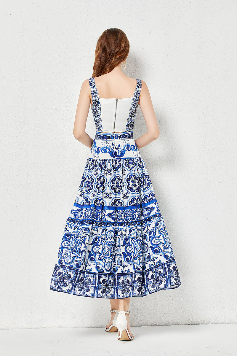 Summer Blue and White Porcelain Print Top Skirt Set
