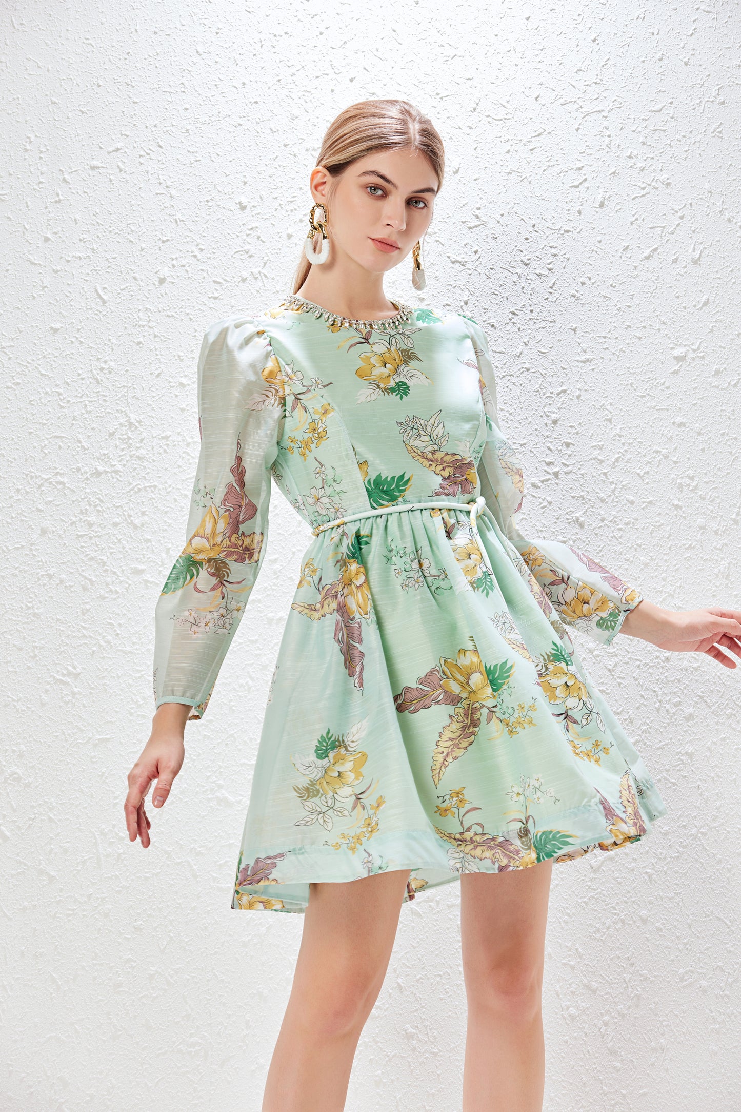 Elegant Light Green Long Sleeve Floral Mini Dress