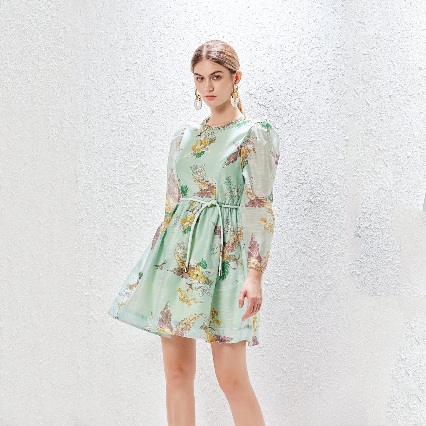 Elegant Light Green Long Sleeve Floral Mini Dress