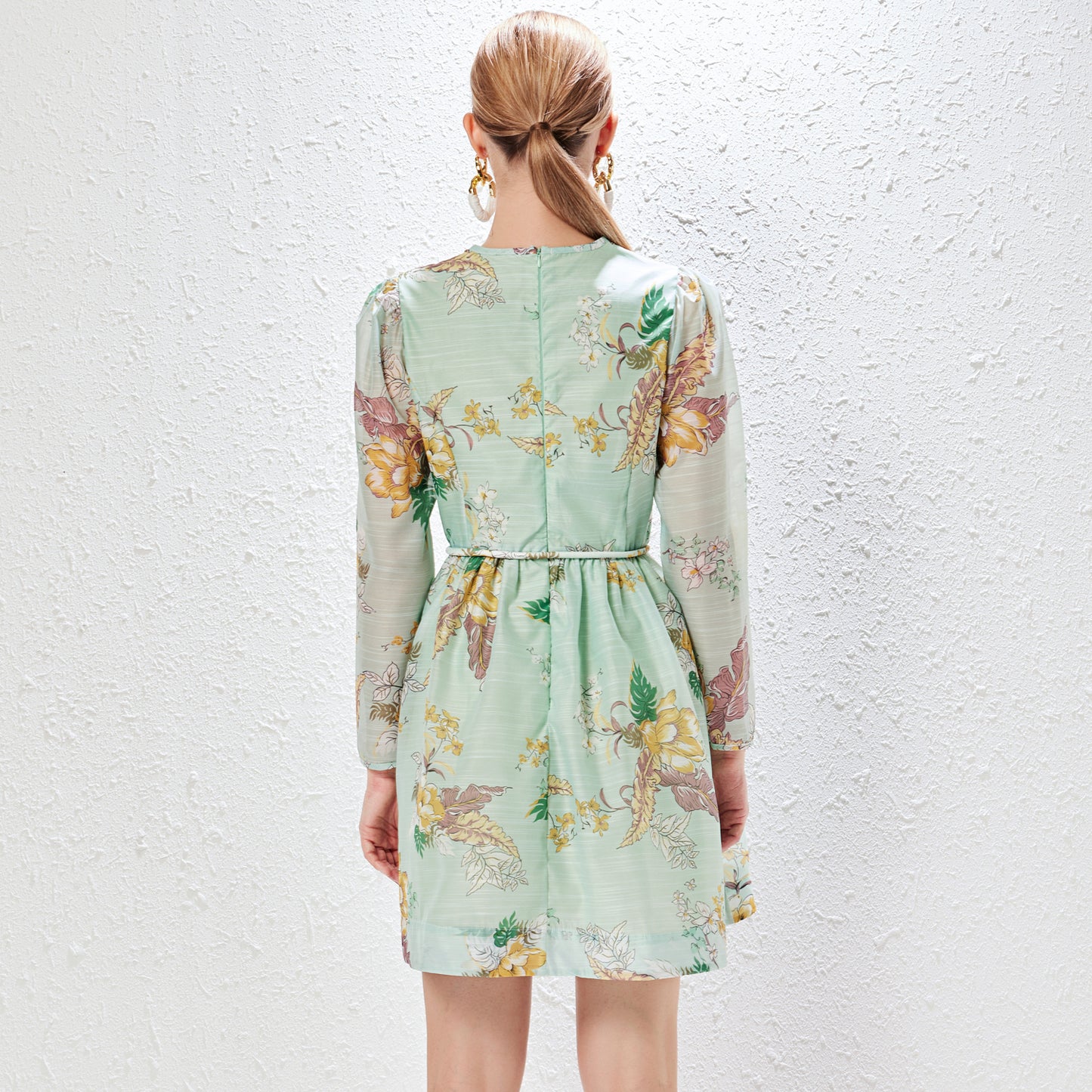 Elegant Light Green Long Sleeve Floral Mini Dress