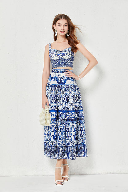 Summer Blue and White Porcelain Print Top Skirt Set