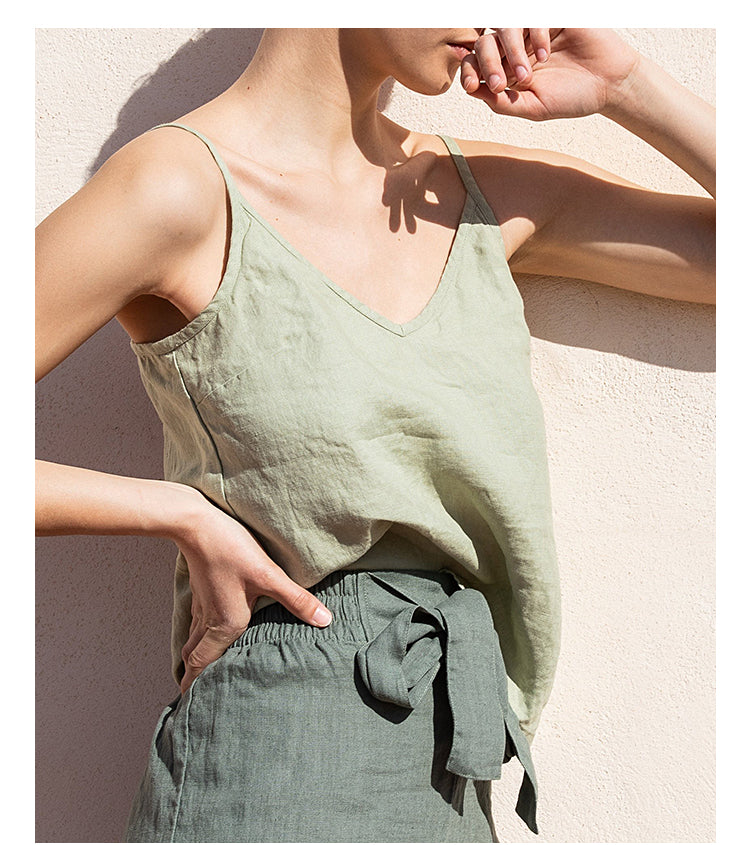 Cotton Linen Summer Loose Fitting V Neck Sleeveless Shirt