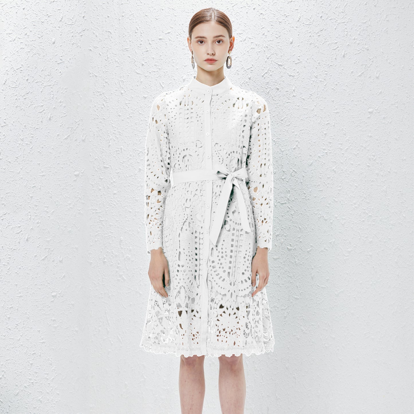Summer Long Sleeve Lace Hollow Elegant Midi Dress