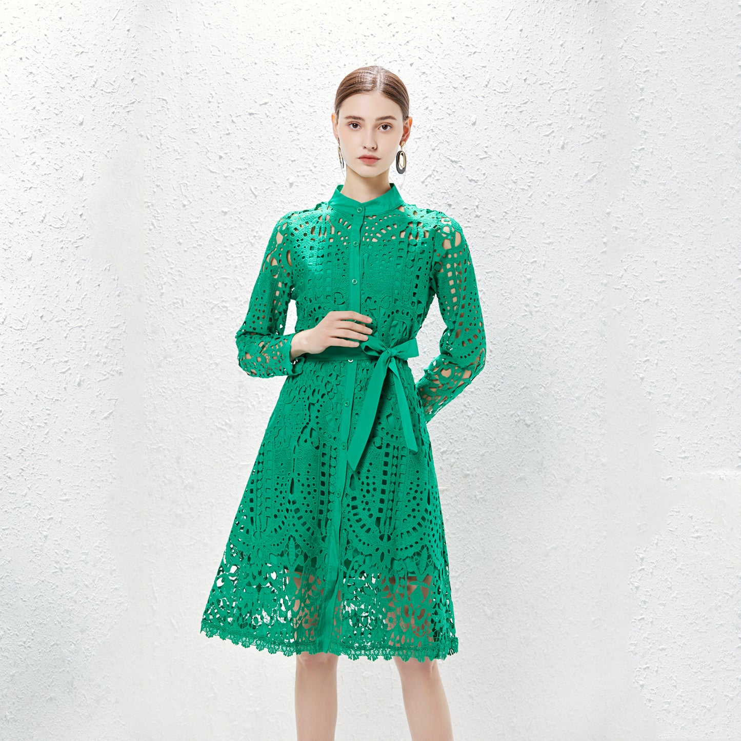 Summer Long Sleeve Lace Hollow Elegant Midi Dress