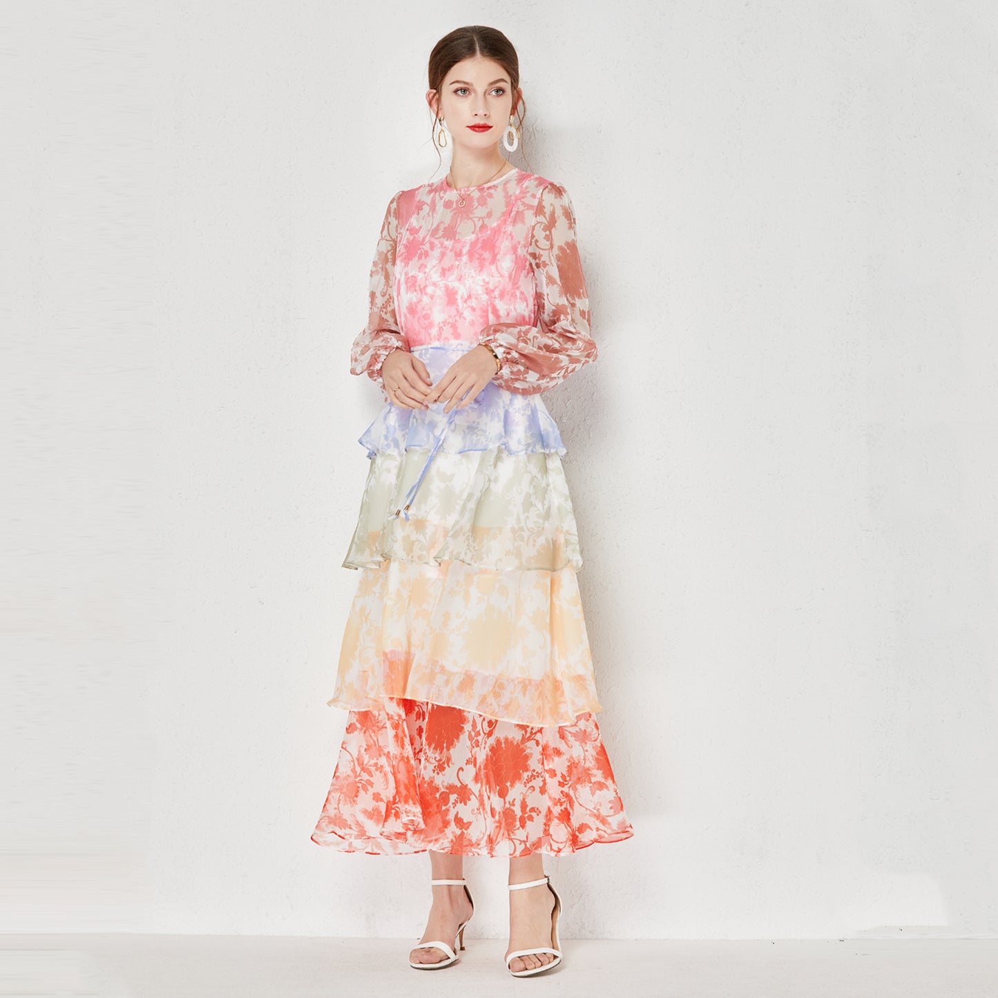 Multi Layer Tiered Two Piece Lace Up Maxi Dress
