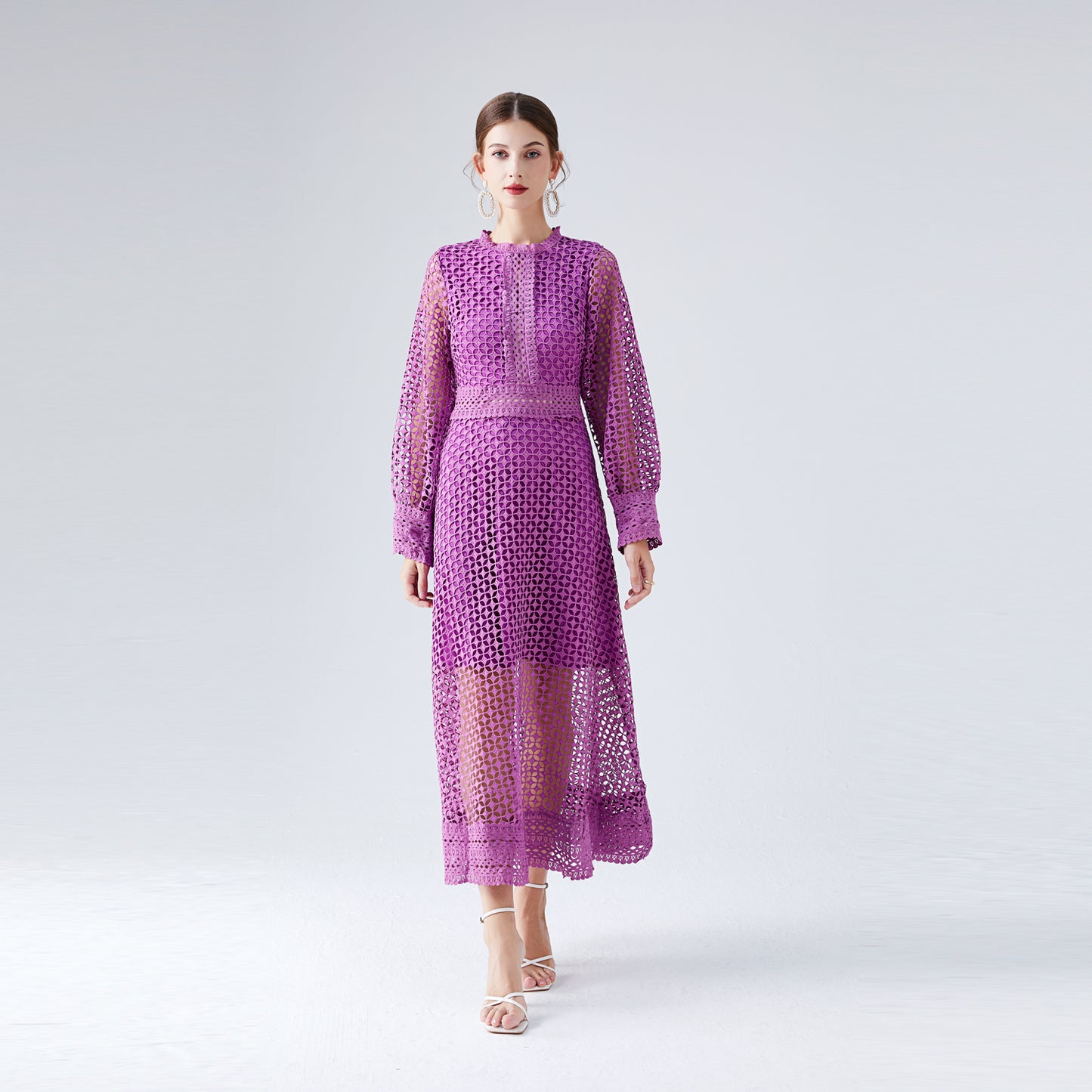 Lace Hollow Lantern Sleeve Elegant Fashionable Dress