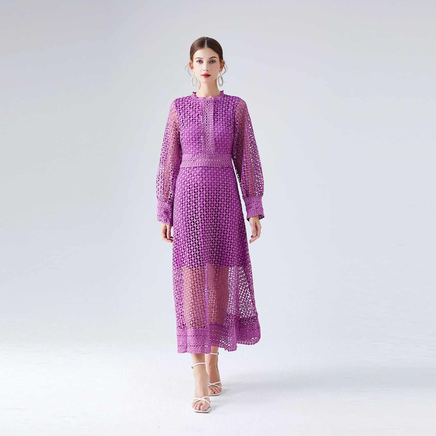 Lace Hollow Lantern Sleeve Elegant Fashionable Dress