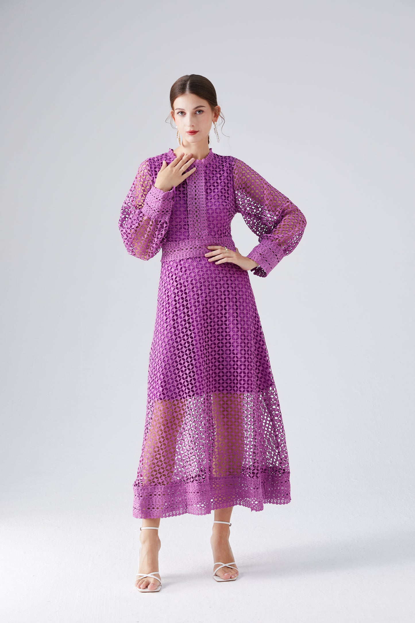 Lace Hollow Lantern Sleeve Elegant Fashionable Dress