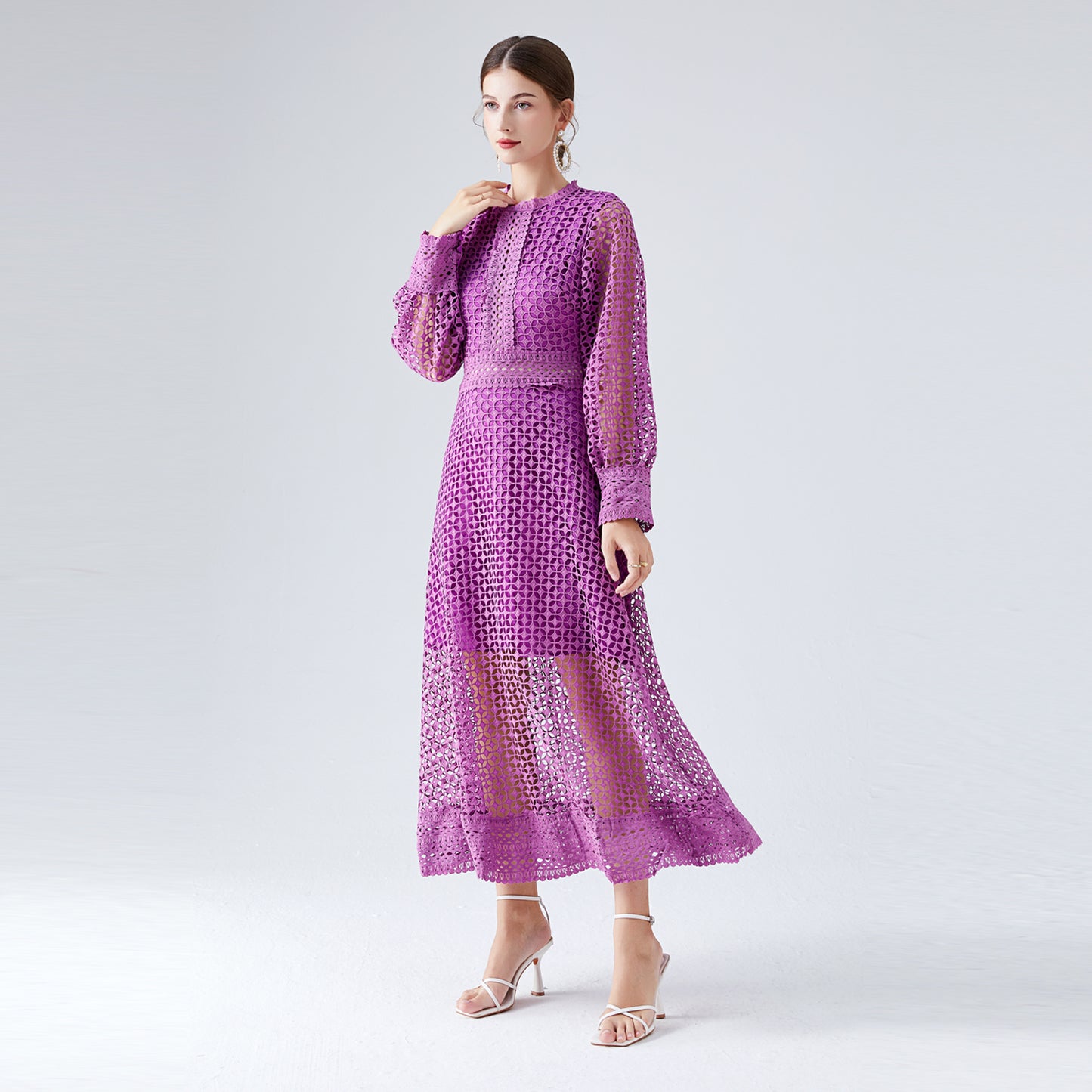 Lace Hollow Lantern Sleeve Elegant Fashionable Dress