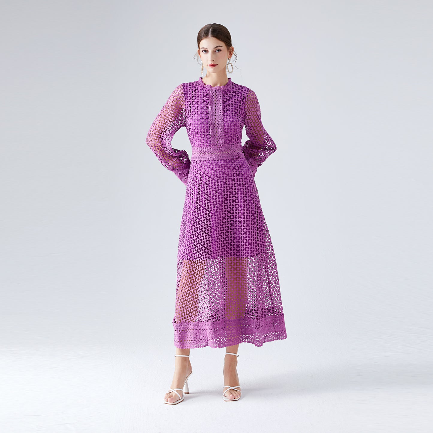 Lace Hollow Lantern Sleeve Elegant Fashionable Dress