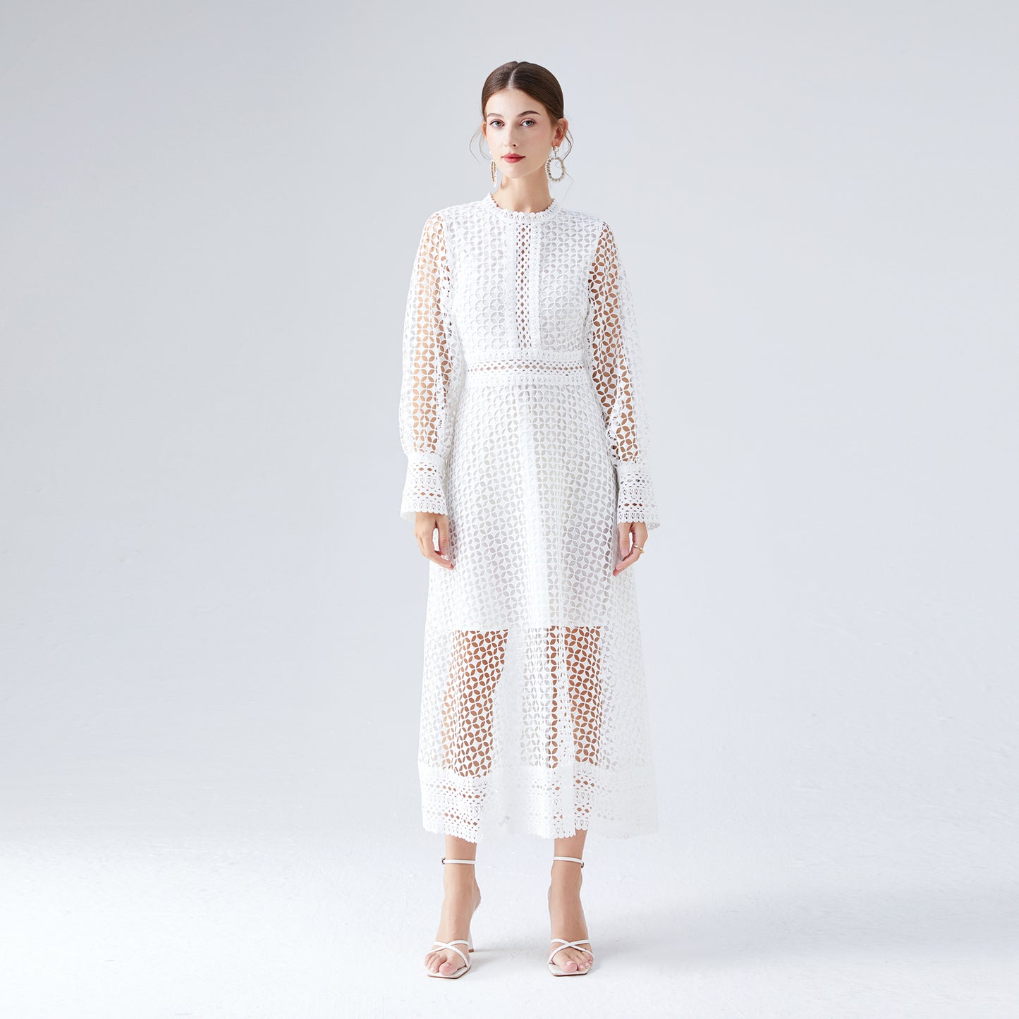 White Lace Hollow Lantern Sleeve Elegant Fashionable Dress