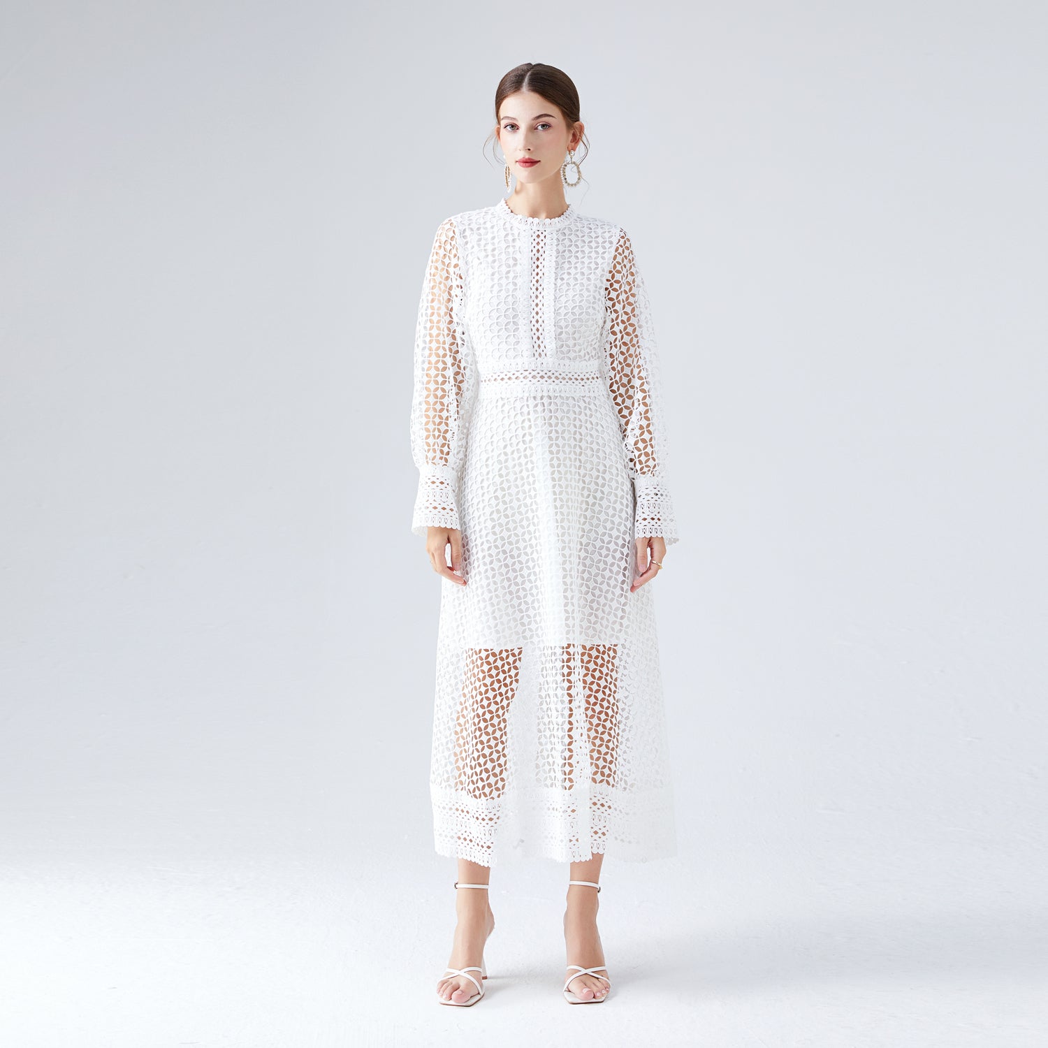 White Lace Hollow Lantern Sleeve Elegant Fashionable Dress