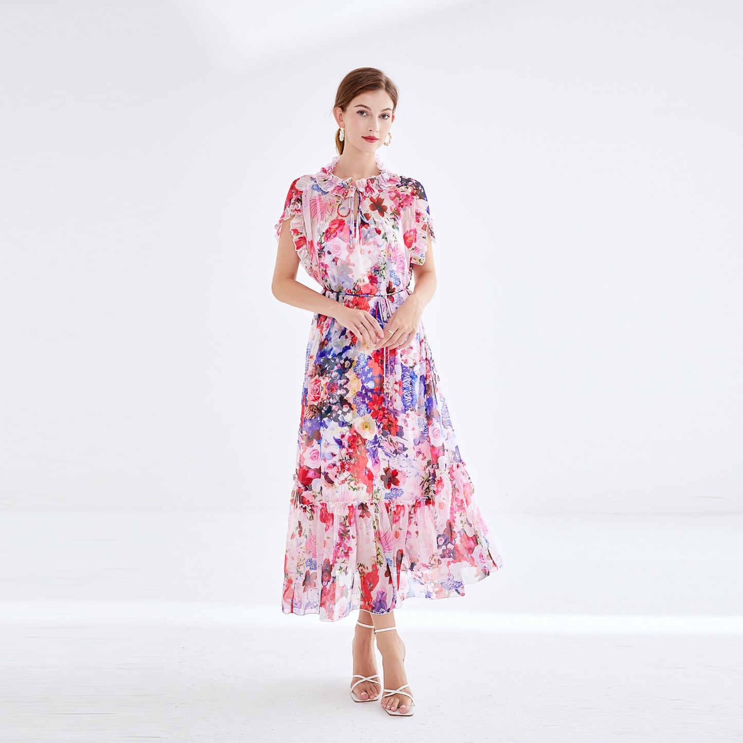 Short Sleeve Lace Ruffled Summer Floral Midi Dress