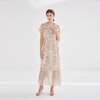Elegant Two Piece Short Sleeve Floral Lace Up Dress