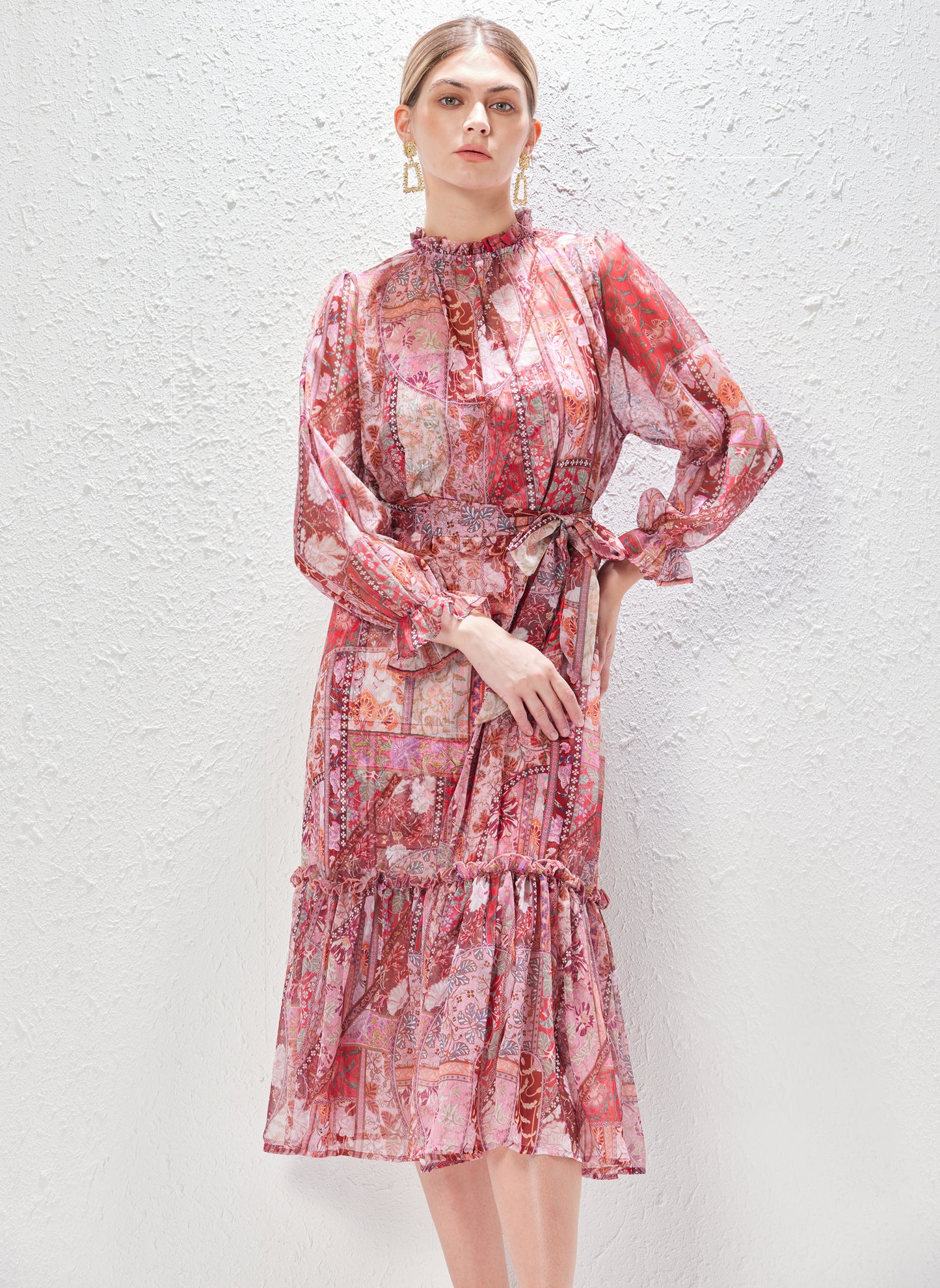 Stand Collar Long Sleeve Lace Up Ruffled Midi Dress