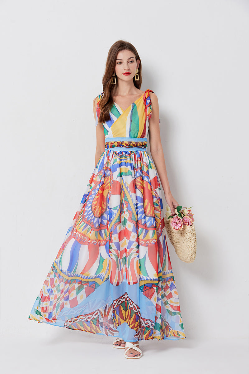 Sleeveless V Neck Pleated Waisted Slim Fit Dress