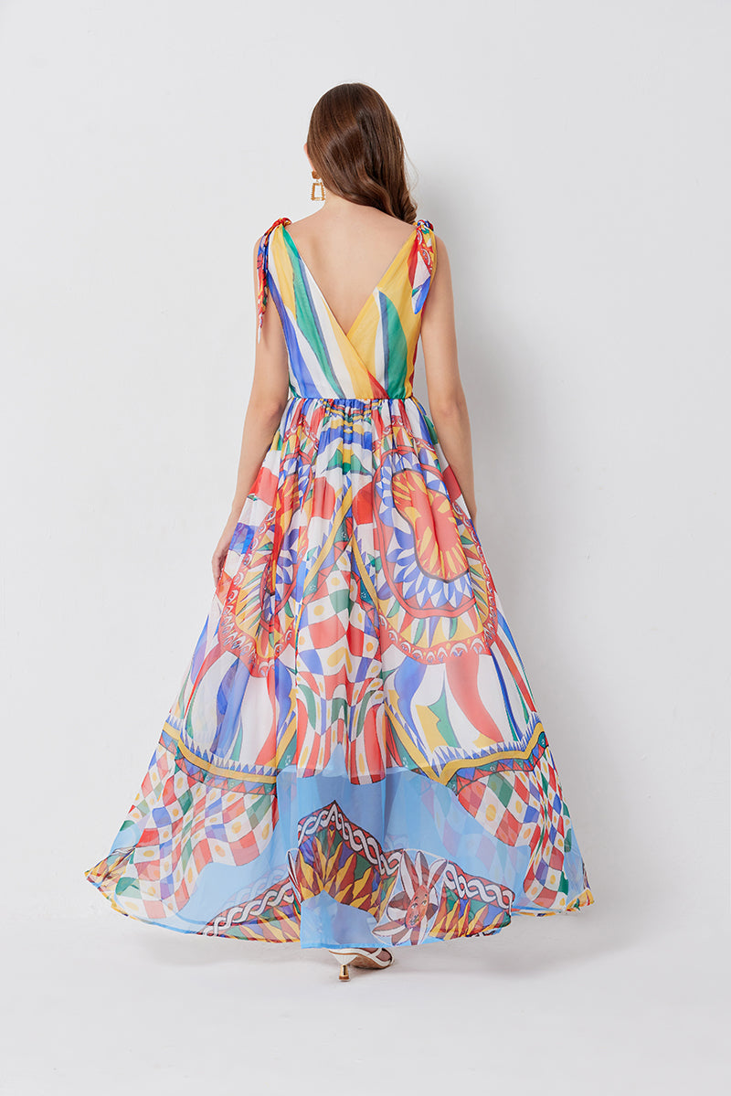 Sleeveless V Neck Pleated Waisted Slim Fit Dress