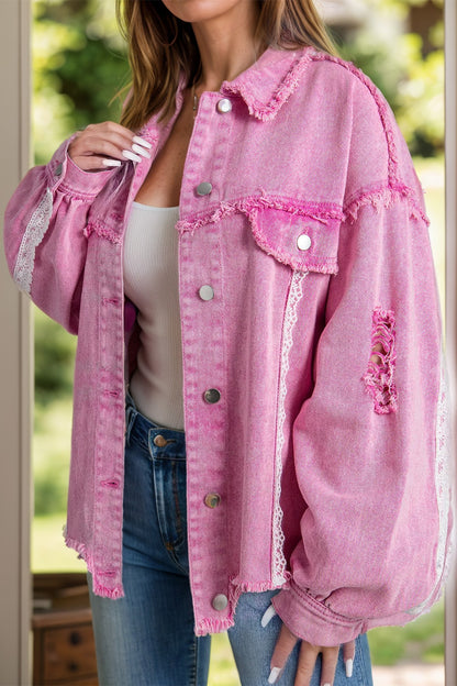 distressed pink denim jacket
