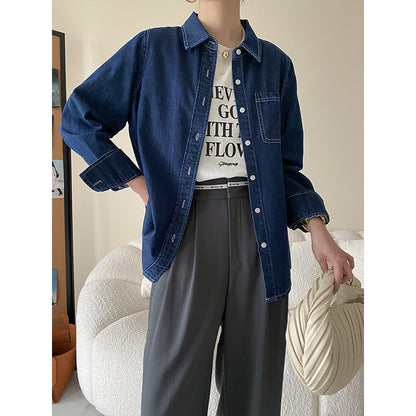Denim Shirt With Contrast Color Bright Line Bandage Dress Denim Shirt Loose Early Spring