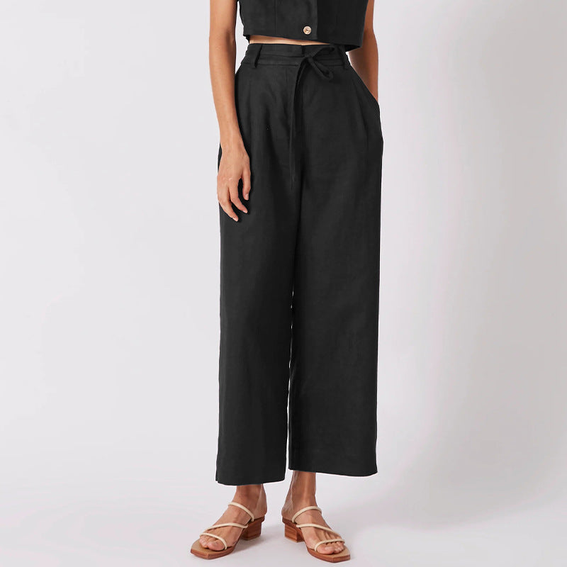 Pure Linen Lace Up Cropped Wide Leg Pants