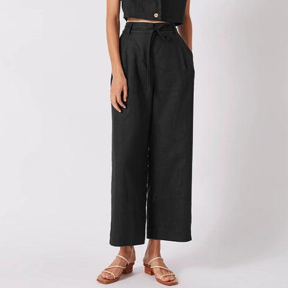 Pure Linen Lace Up Cropped Wide Leg Pants