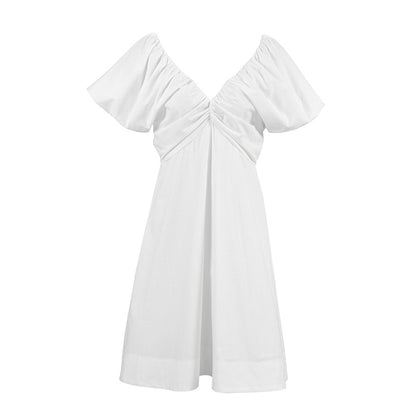 White French Cotton Linen Puff Sleeve V neck Lace up Dress Summer