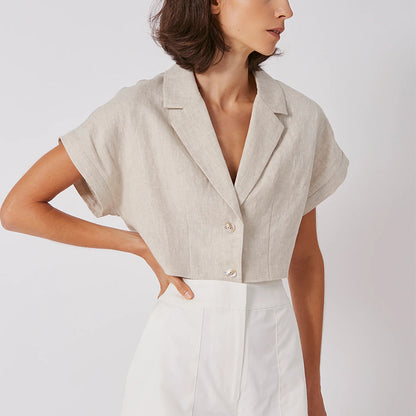 French Cotton Linen Collared Shirt Tup Cardigan
