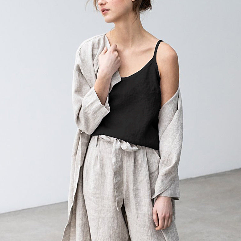 Cotton Linen Summer Loose Fitting V Neck Sleeveless Shirt