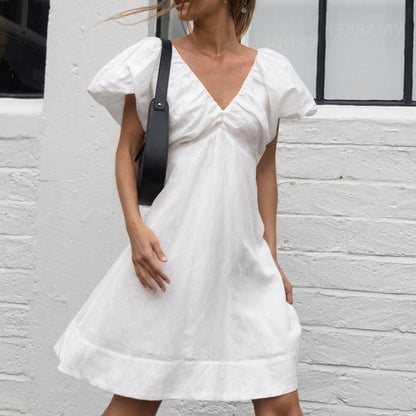 White French Cotton Linen Puff Sleeve V neck Lace up Dress Summer