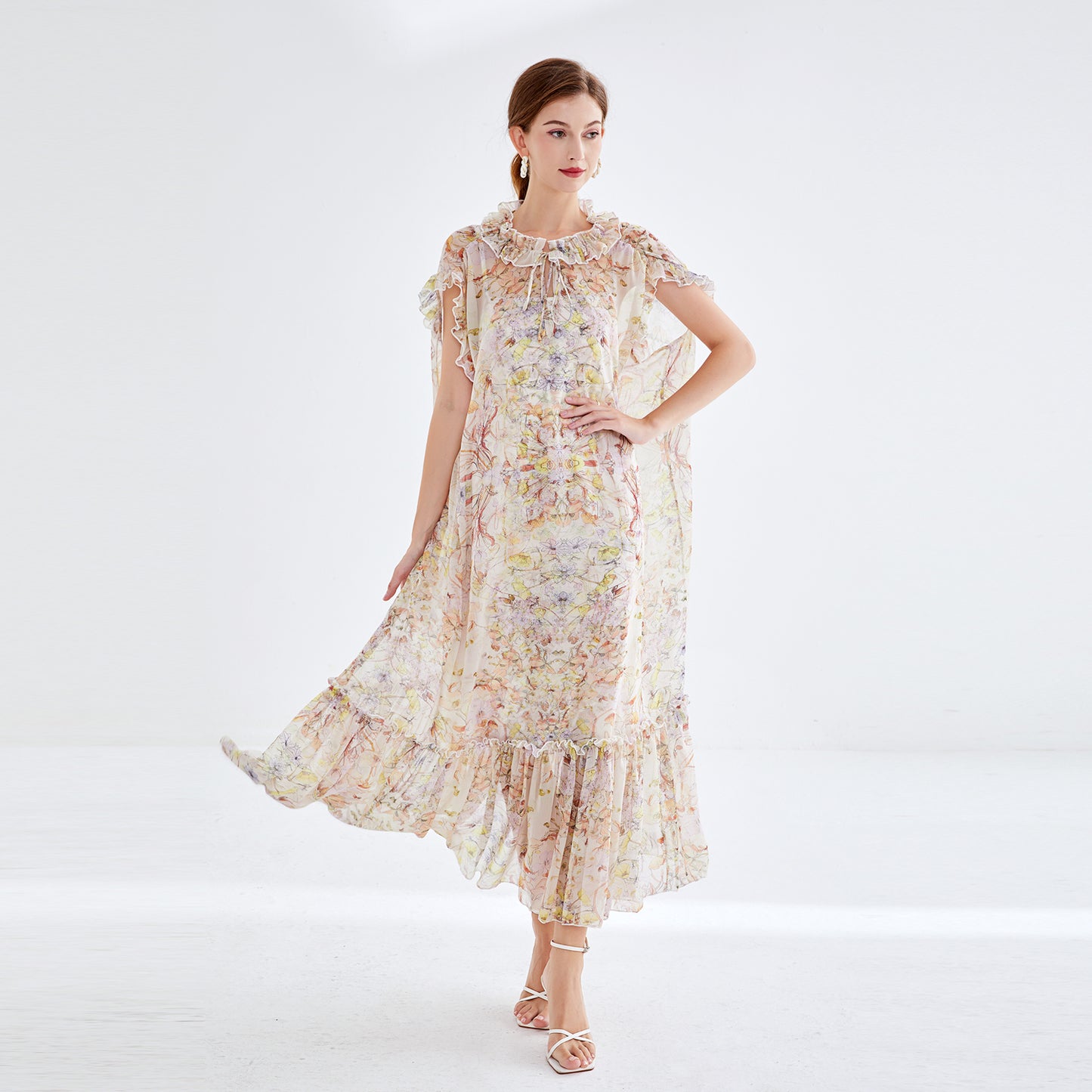 Elegant Two Piece Short Sleeve Floral Lace Up Dress