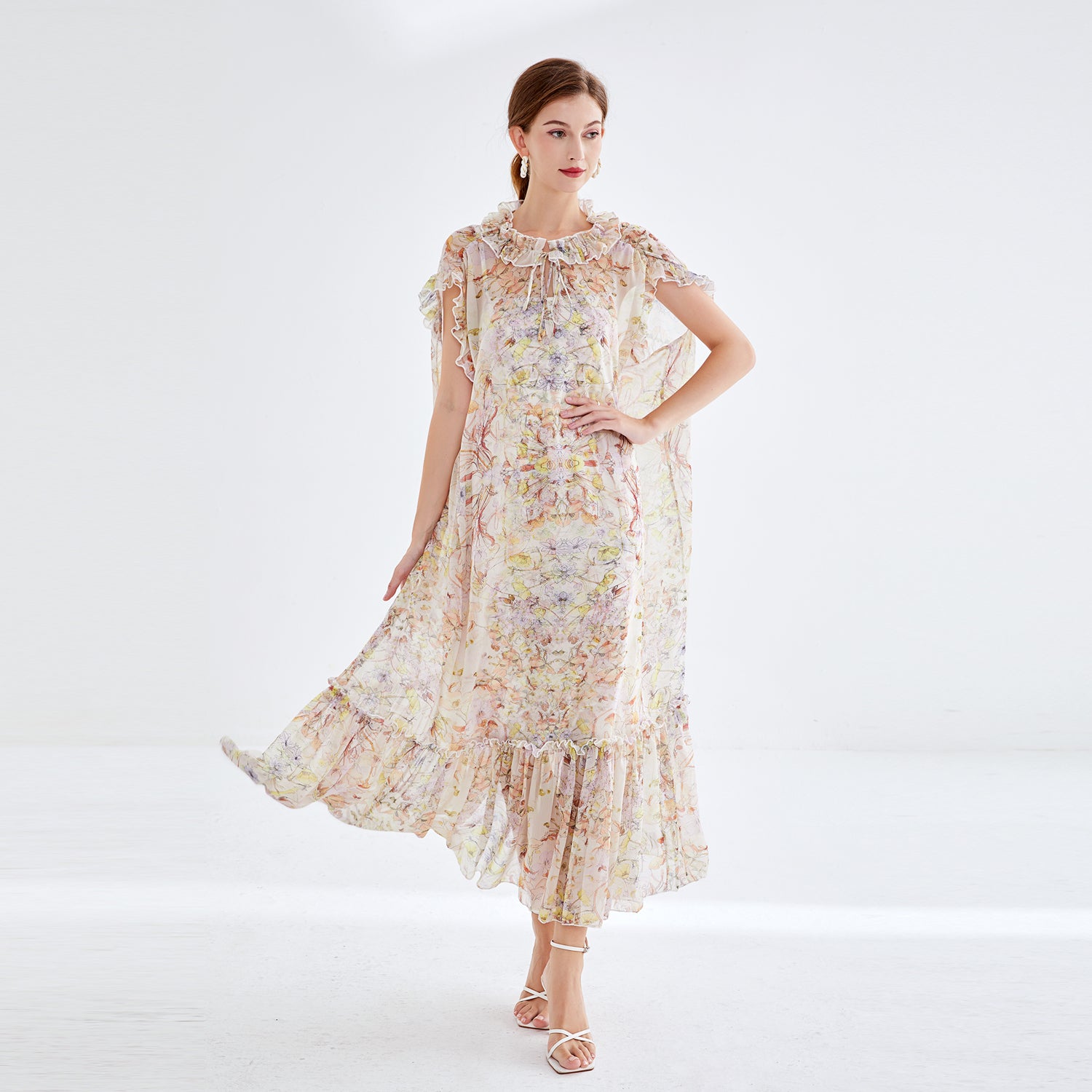 Elegant Two Piece Short Sleeve Floral Lace Up Dress