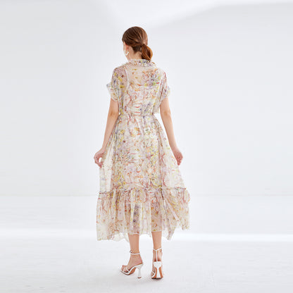 Elegant Two Piece Short Sleeve Floral Lace Up Dress