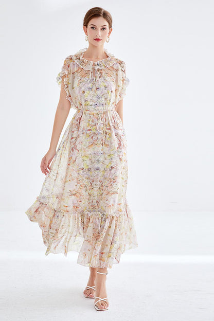 Elegant Two Piece Short Sleeve Floral Lace Up Dress