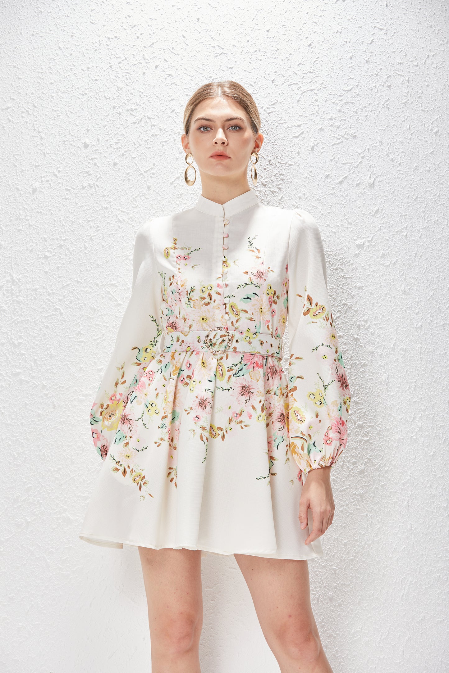 Elegant Stand Collar Lantern Sleeve Floral Mini Dress