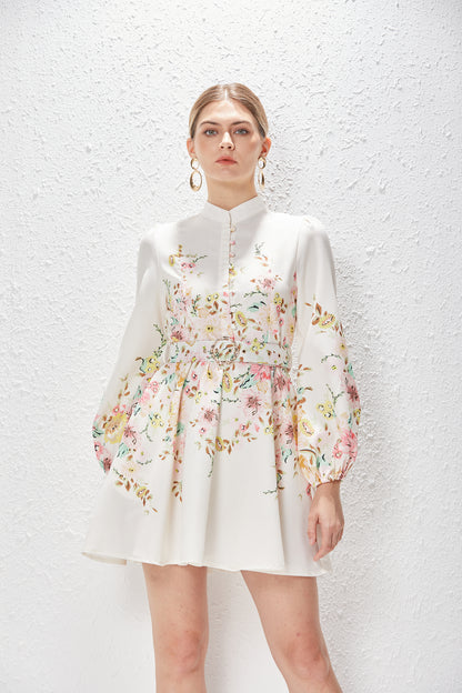 Elegant Stand Collar Lantern Sleeve Floral Mini Dress