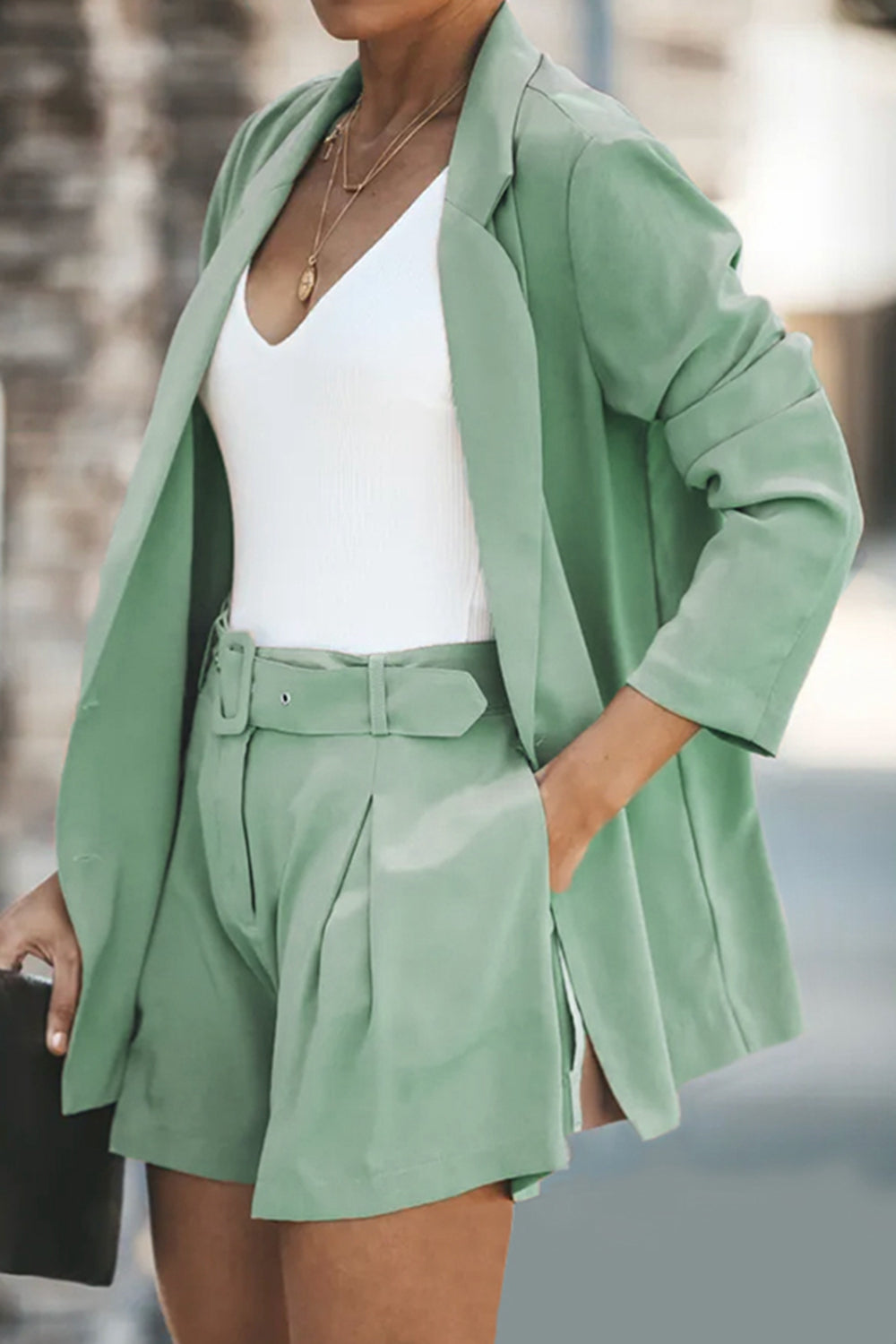 blazer and shorts set teal