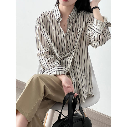 French Vertical Striped Shirt Women Autumn Niche Long Sleeve Shirt