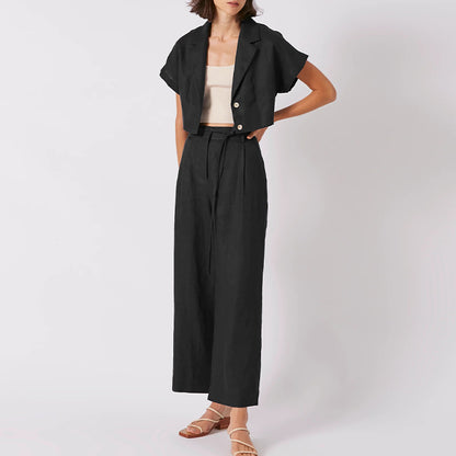 Pure Linen Lace Up Cropped Wide Leg Pants